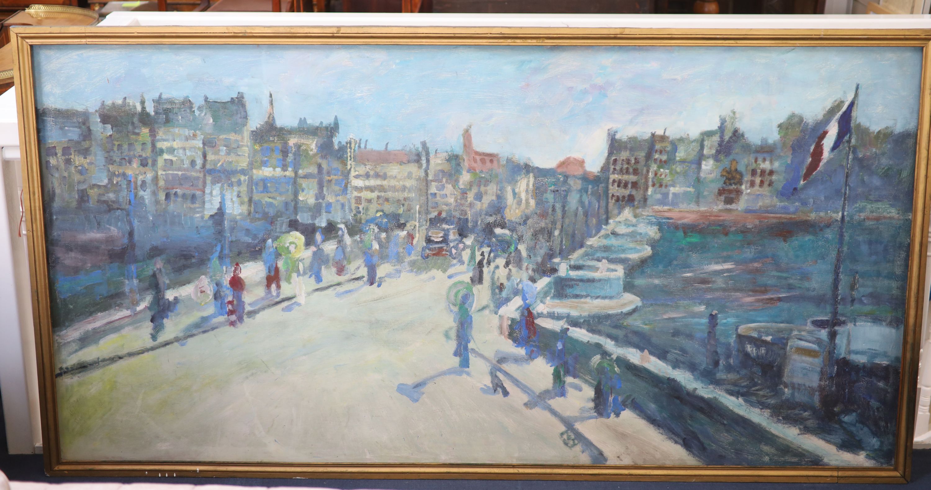 French School, oil on canvas, Harbour scene, 123 x 245cm